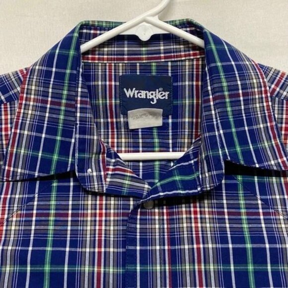 Wrangler Short Sleeve Button-Up Men's Large Blue Plaid Western Pearl Snap EUC - Picture 5 of 9